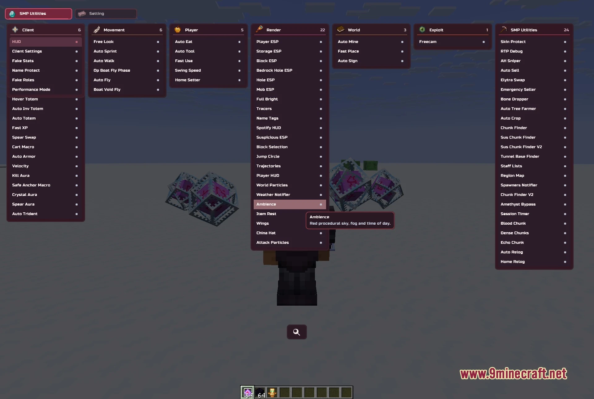 Blood v3.1 Client Mod Screenshot 5 The same ClickGUI reopened in a snowy world as a second test scene