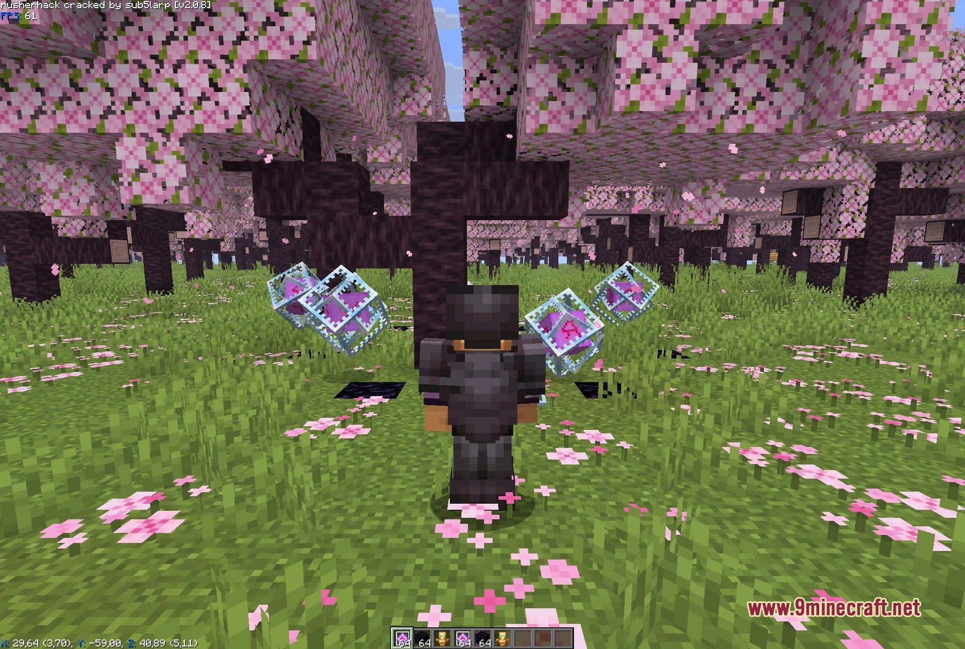 Rusherhack v2.0.8 Client Mod Screenshot 3 Third-person view of the player in netherite armour among the cherry trees