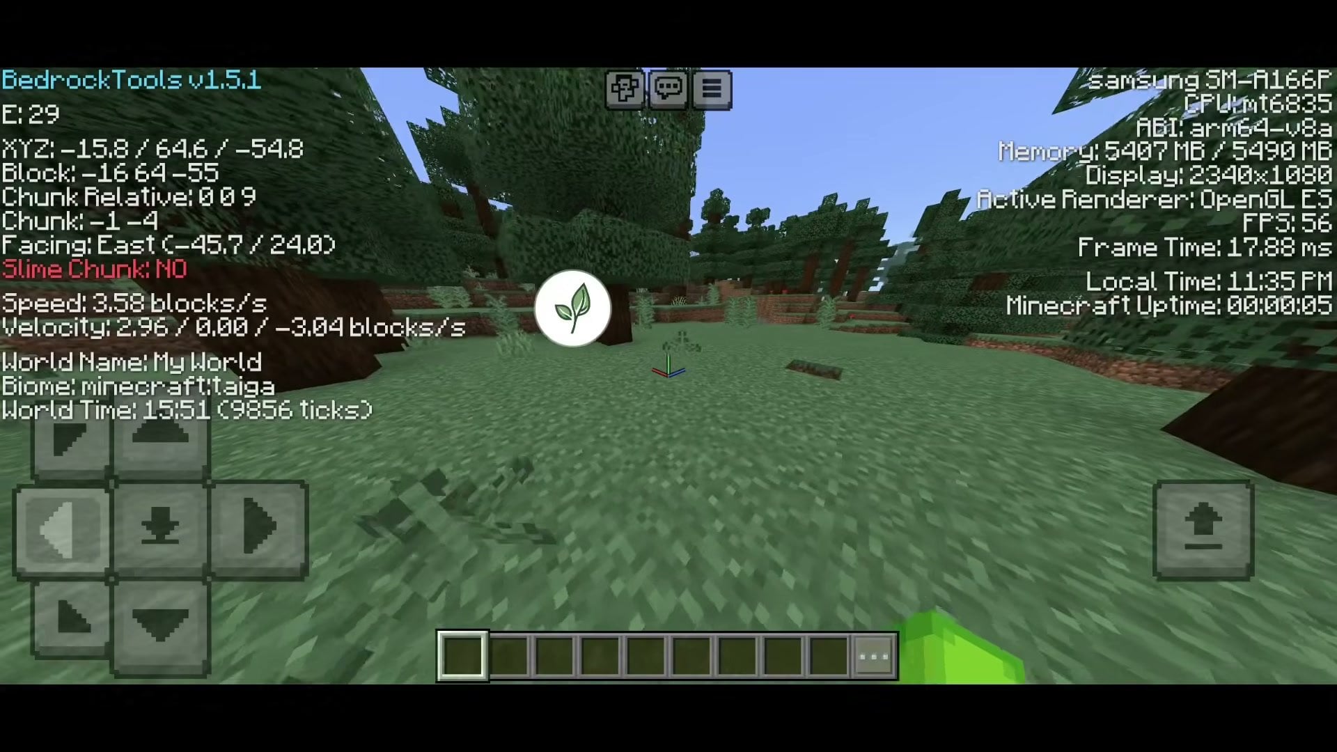 BedrockTools 1.5 Screenshot 2 Debug Menu in BedrockTools 1.5 with frame time, world time and device info