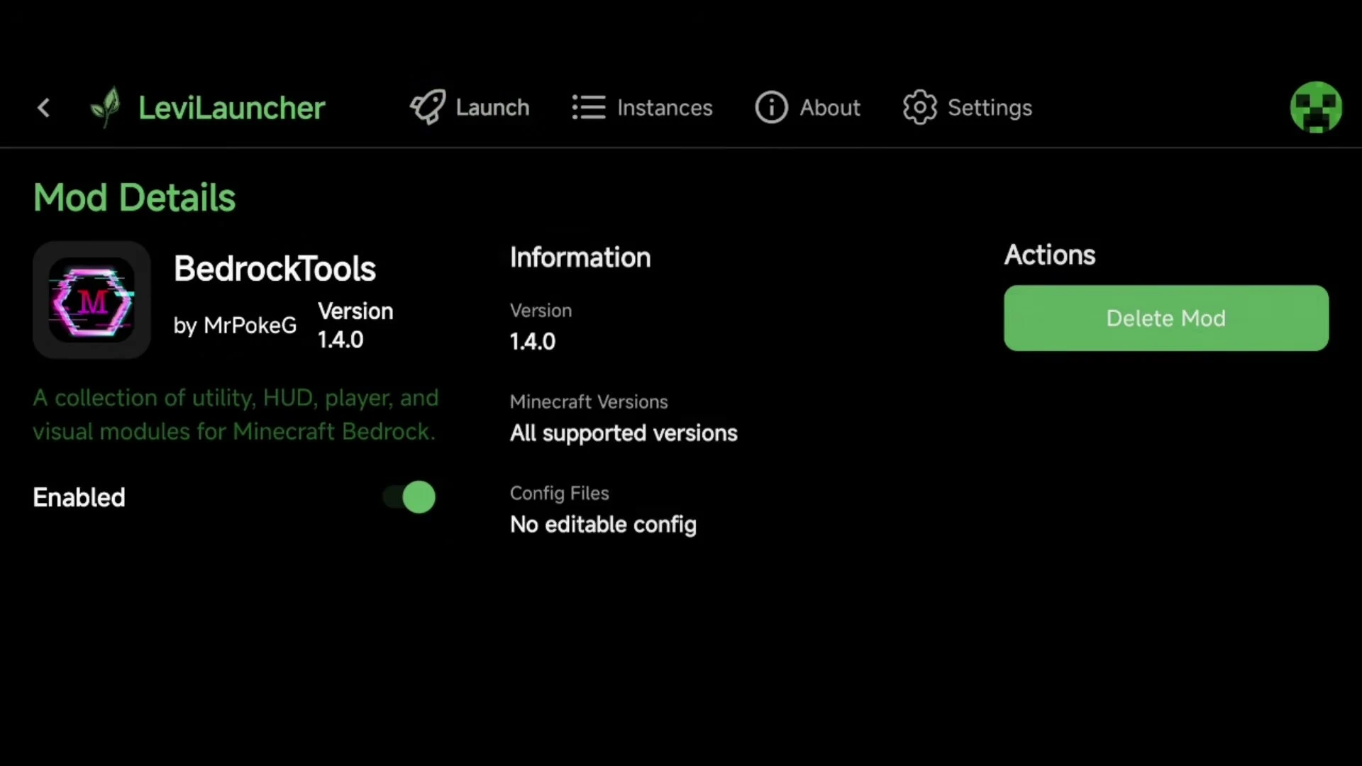 BedrockTools Screenshot 1 LeviLauncher mod details page with BedrockTools 1.4.0 by MrPokeG enabled