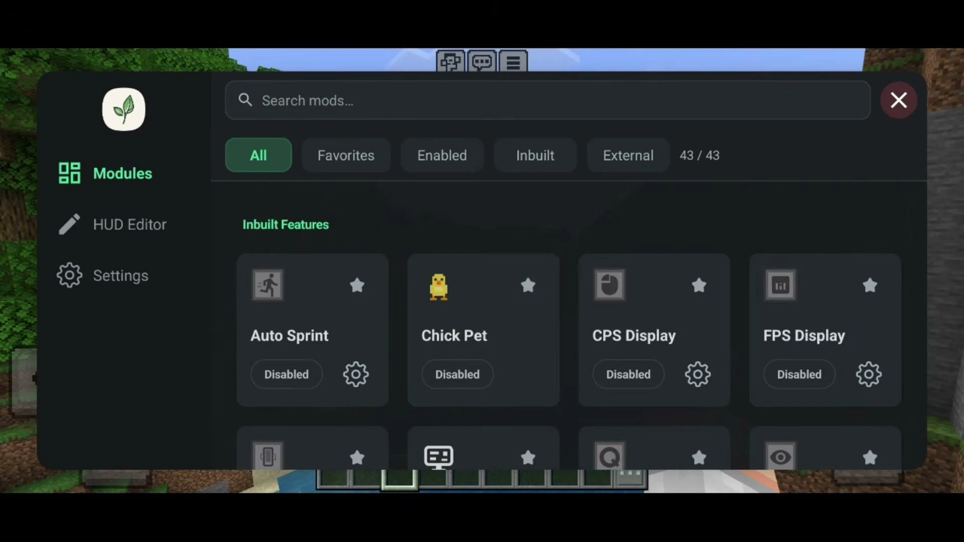 BedrockTools Screenshot 9 Inbuilt features tab with Auto Sprint, Chick Pet, CPS Display and FPS Display