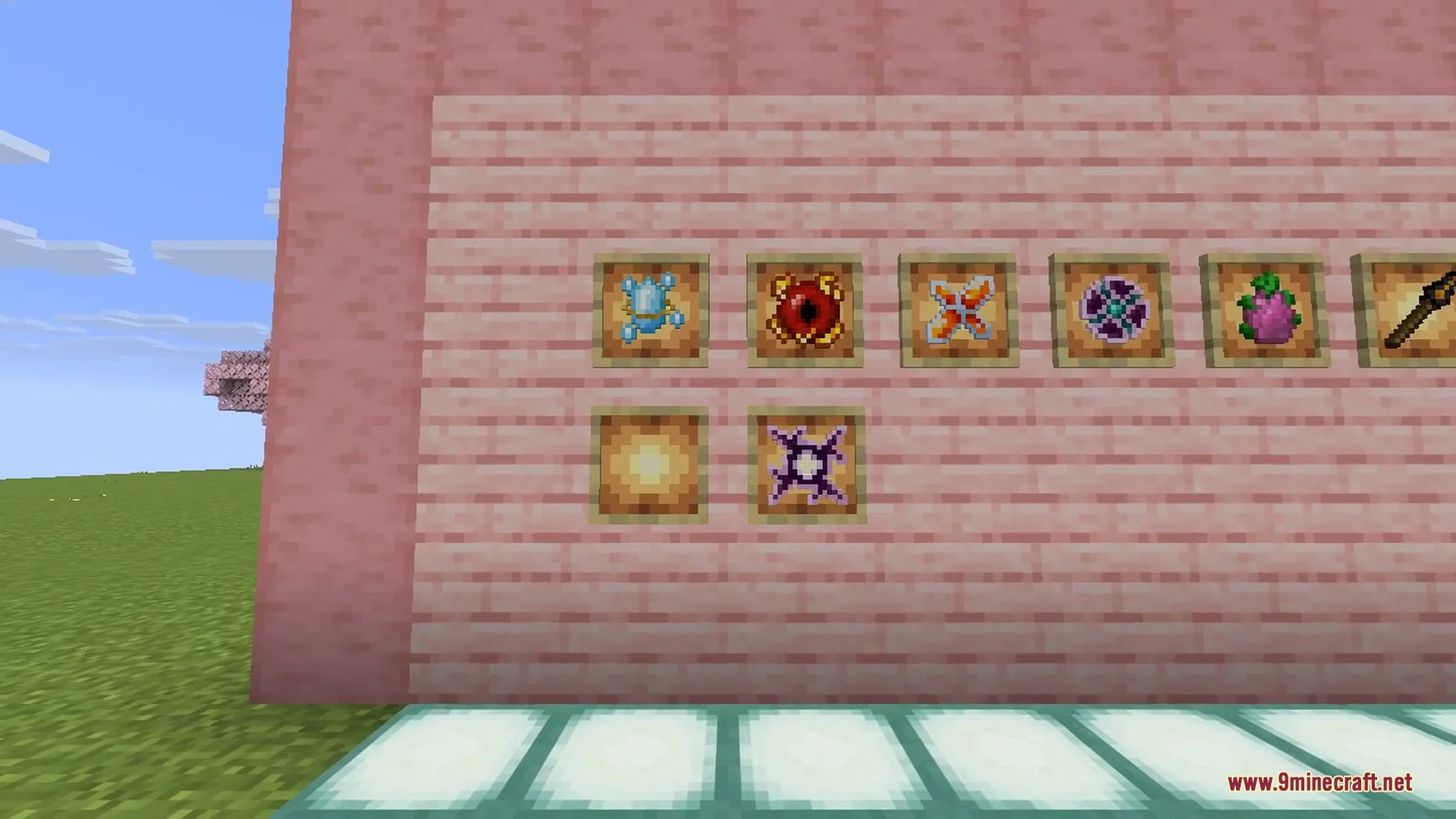 Four custom boss mobs standing in a field with their health bars visible