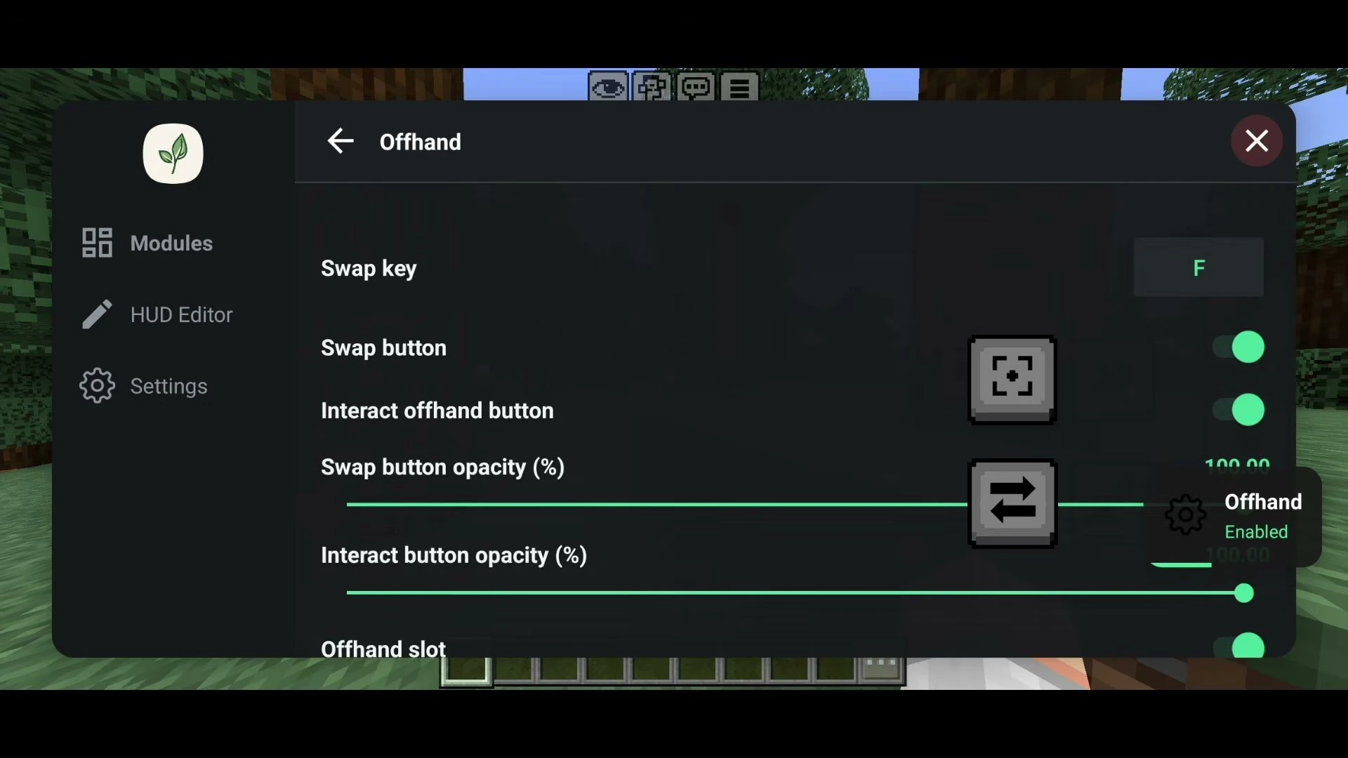 Offhand settings with the swap key, swap button and interact offhand button