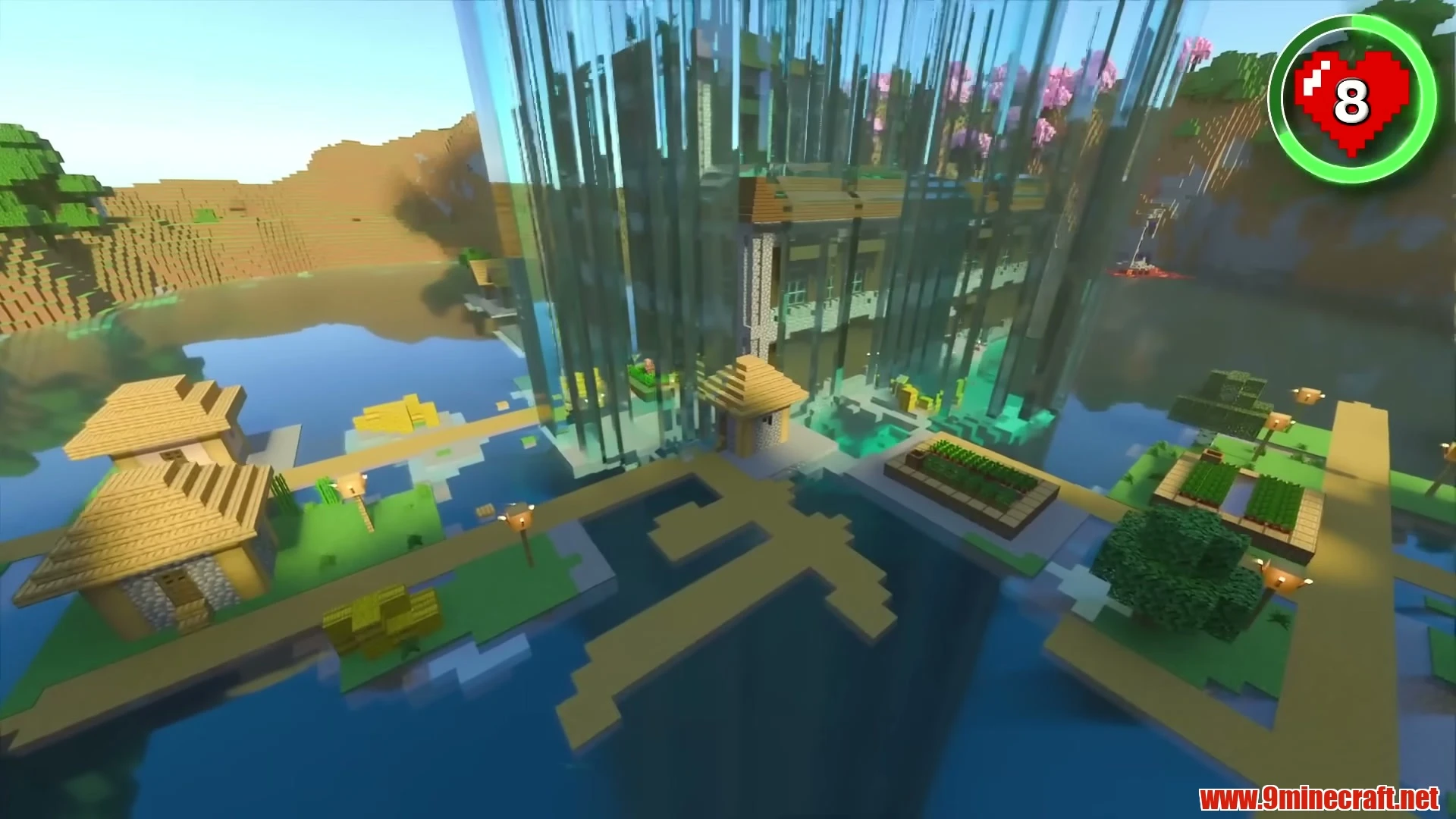 Lakeside Village Mansion & Sky Waterfalls - Minecraft 26.3 Seed 1759205874873541507 View 3